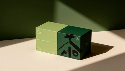 A rectangular product box with a split design, featuring a light sage green left panel and a dark forest green right panel with black graphic lettering, set on a beige surface with dramatic diagonal shadows against a dark green background.