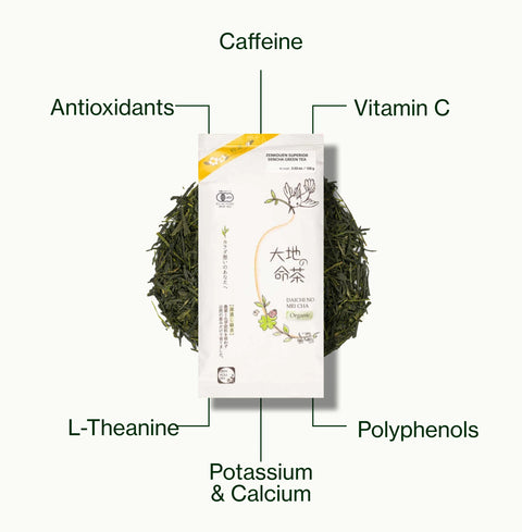 Nio Teas Sencha Superior Zenkouen pack of loose leaf tea, labelled with caffeine, antioxidants, polyphenols, vitamin C, L-theanine, and potassium and calcium