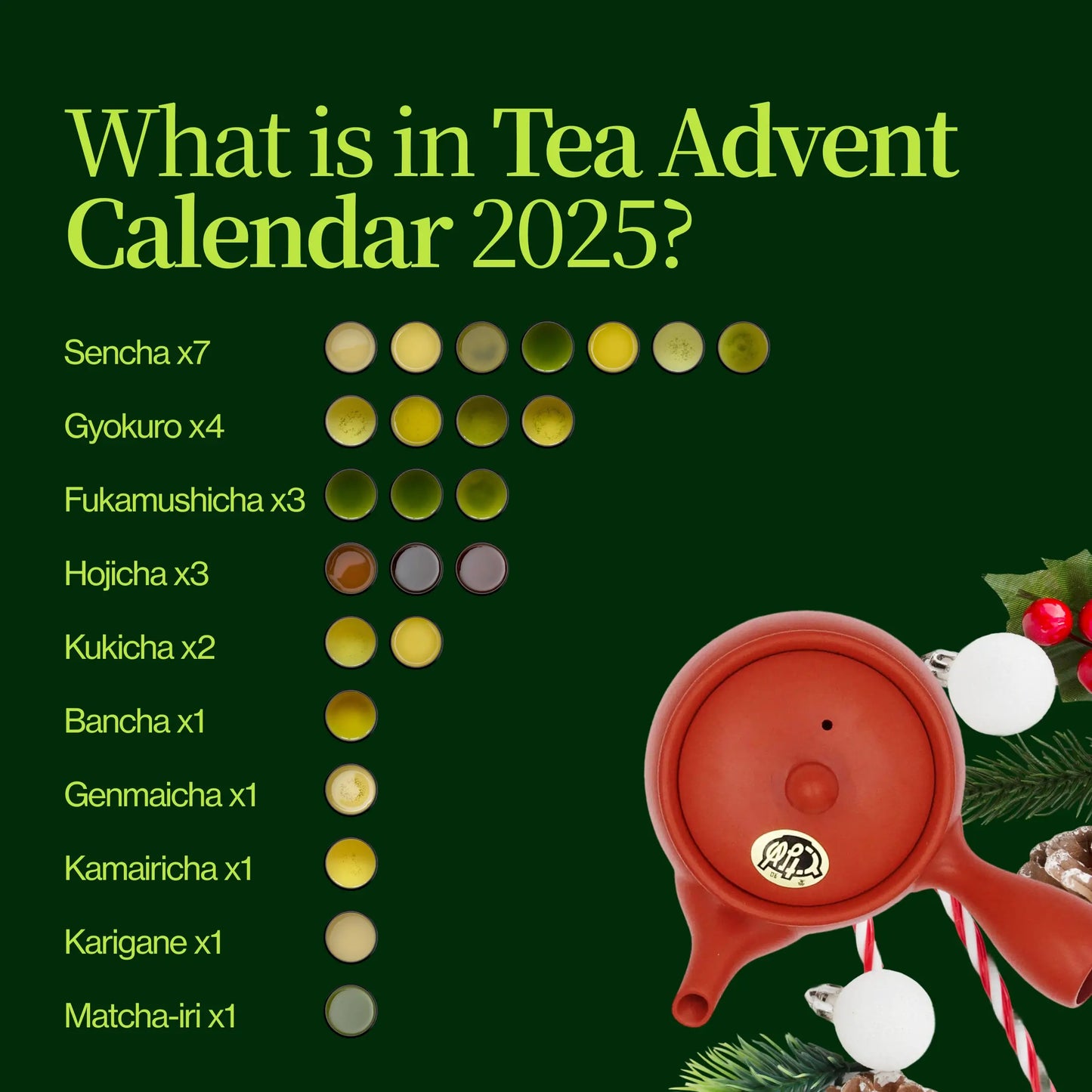 Grönt te adventskalender med tekanna
