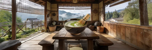 A wide ceramic bowl of batabatacha Japanese fermented tea topped with a thick layer of creamy foam, with a meoto-chasen double-headed bamboo whisk resting beside it.