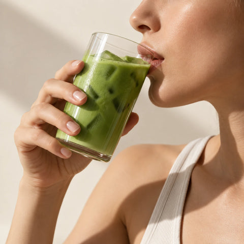 A close-up lifestyle shot of a woman drinking a green iced matcha latte from a clear glass tumbler, wearing a white ribbed tank top against a warm beige background.
